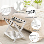 Fully Assembled Luggage Racks Pack of 2, Upgraded Bamboo Foldable Suitcase Stand with 5 Nylon Straps, 26.77" Thickened Luggage Stand Holder with Shelf for Guest Room Bedroom Hotel, White