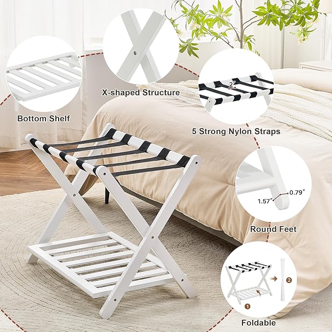 Fully Assembled Luggage Racks Pack of 2, Upgraded Bamboo Foldable Suitcase Stand with 5 Nylon Straps, 26.77" Thickened Luggage Stand Holder with Shelf for Guest Room Bedroom Hotel, White