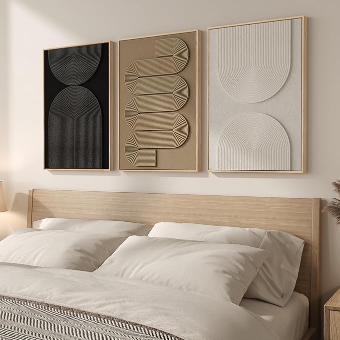 3D Textured Framed Boho Neutral Abstract Wall Art for Bedroom Decor, 3 Piece Modern Artwork for Walls, Black White Brown Minimalist Geometric Paintings for Living Room, Dining Room Wall Decor 16x24 In