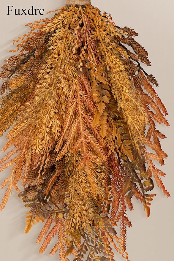 Decorative Teardrop Swag for Front Door, Artificial Wall Swags with Wheat & Pine Cones & Pine Needle for Home Porch Wall Window Halloween Christmas Indoor Outdoor Decor