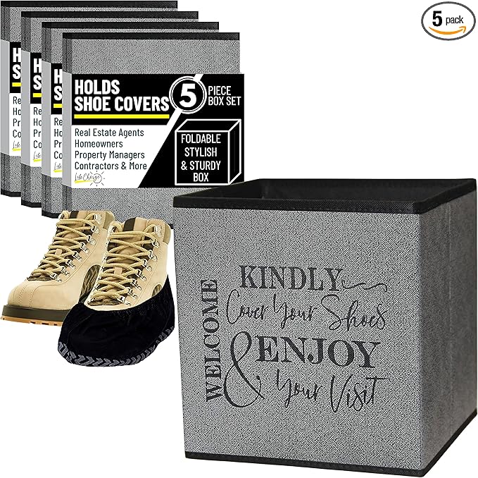 Life Charge Shoe Covers Box - Real Estate Agent Supplies Asking Guests to Please Cover Shoes - Disposable Shoe Bootie Holder For Realtor Listings & Open Houses - Indoor Use | 5 Pack Grey & Black