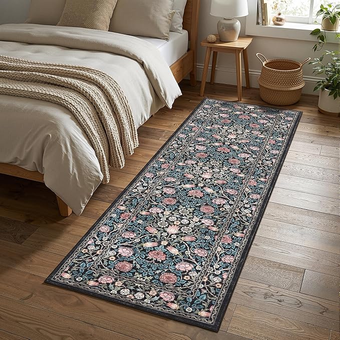 GarveeHome Indigo Blue Vintage Floral 2x6 Runner Rug Washable Kitchen Rugs Non Slip Boho Long Rug for Hallways Bedroom Entryway Bathroom Mat with Rubber Back