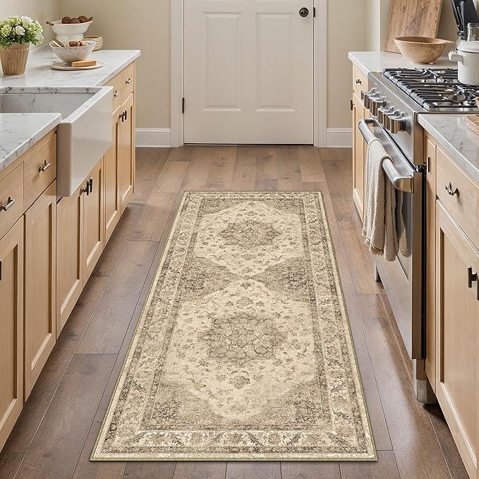 Brown Runner Rug 2x6 Washable Vintage Long Carpet for Hallway Kitchen Soft Retro Low Pile Thin Indoor Runner Non Slip Oriental Medallion Throw Rug for Bathroom Bedroom Laundry Dining Room
