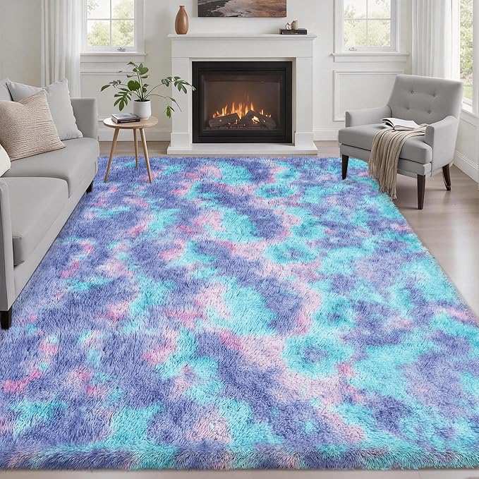 Fluffy 5x7 Area Rugs for Living Room Bedroom: Ultra Soft Shag Rug Non-Slip Non-Shedding Small Plush Bedside Rug Indoor Floor Carpets for Kids Room Playroom Entryway Nursery Dorms Home Rainbow Purple