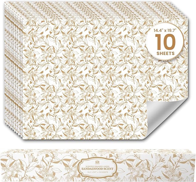 Sandalwood Scented Drawer Liners for Dresser Drawers (10 Large Sheets, 19.7" x 14.4") - Non Adhesive Drawer Paper Liner for Bedroom Dresser & Closet Shelves by Linda’s Essentials