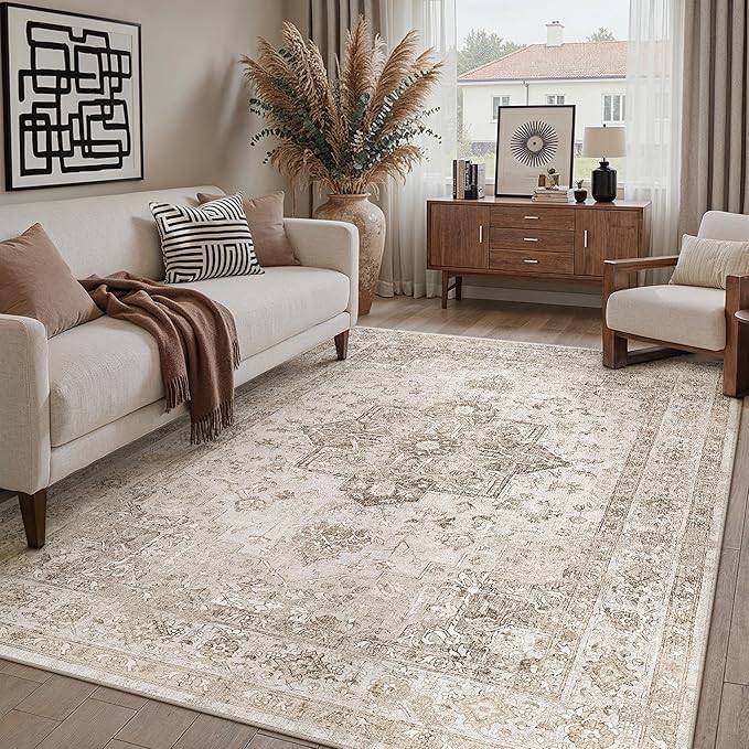 Taupe 8x10 Area Rug Washable Vintage Living Room Carpet Non Slip Retro Distressed Low Pile Soft Oriental Medallion Thin Large Throw Rug for Office Bedroom Dining Room Playroom