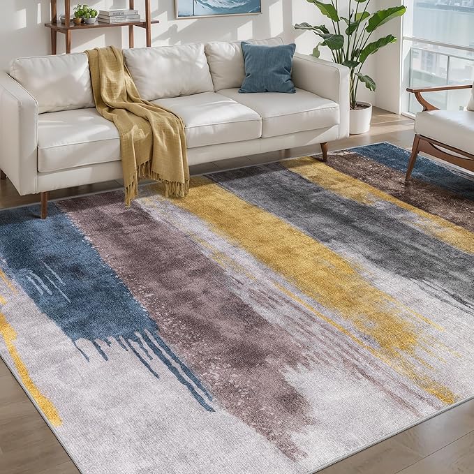 Ciicool Modern Abstract Yellow Gray Rug for Living Room, 4'x6' Machine Washable Area Rug Non-Slip Rug, Low-Pile Contemporary Indoor Dining Floor Carpet for Bedroom Office Under Table Home Decor