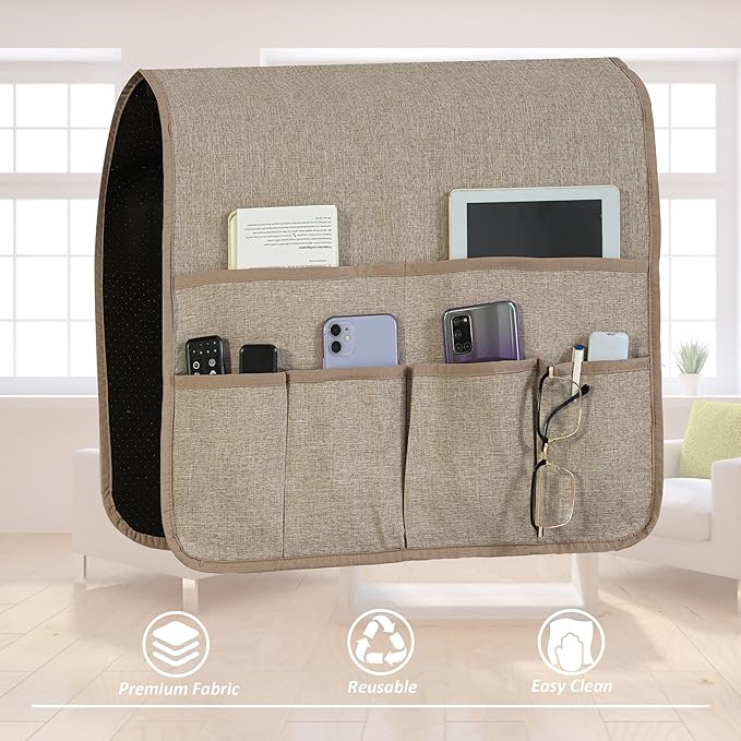Faux Linen Armchair Caddy for Couch Remote Control Holder Non-slip Sofa Armset Organizer Caddy Storage for Recliner Couch 6 Pocket for Magazine 35"x19.5" Linen 1 Piece