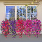 Artificial Hanging Petunias Flowers for Outdoor, 2pcs Fake Plants Long Vine Morning Glory Eucalyptus, UV Resistant Realistic Faux Greenery Outside Patio Porch Garden Spring Decor, Purple Hot Pink