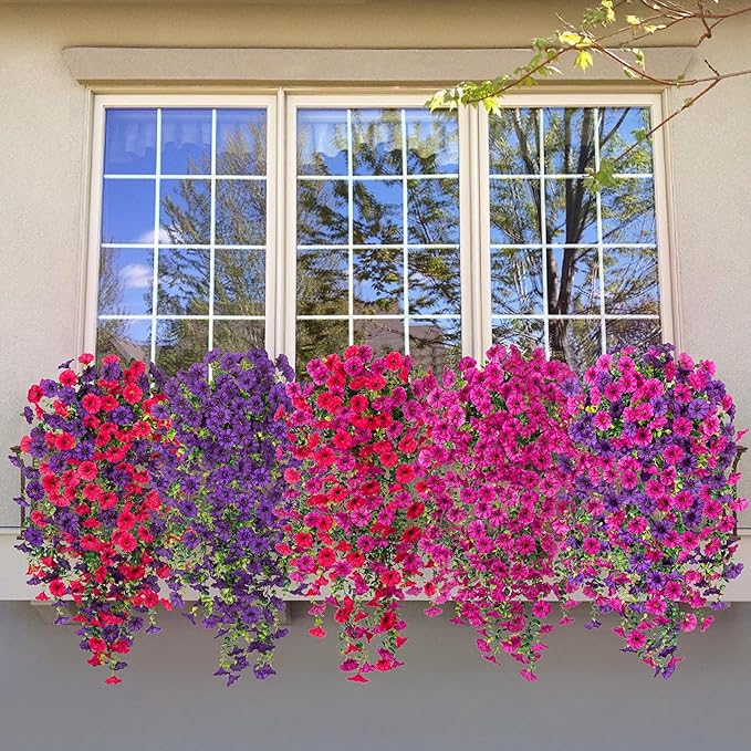 Artificial Hanging Petunias Flowers for Outdoor, 4pcs Fake Plants Long Vine Morning Glory Eucalyptus, UV Resistant Realistic Faux Greenery Indoor Outside Patio Porch Garden Spring Summer Decor, Purple