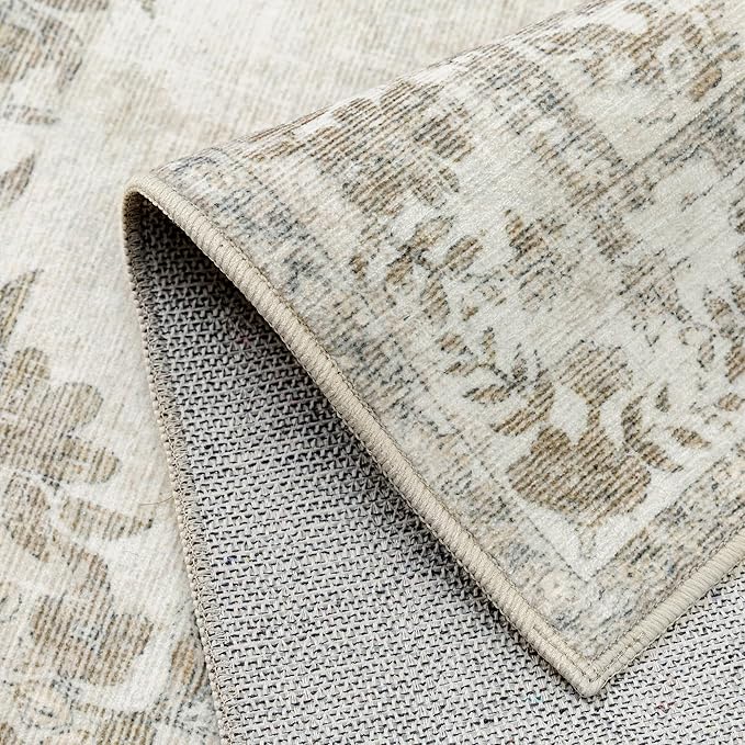 3x4 Area Rug Beige Washable Office Vintage Distressed Carpet Bedroom Indoor Neutral Medallion Floral Living Room Non Slip Retro Throw Floor Mat for Dining Room Kitchen Bathroom