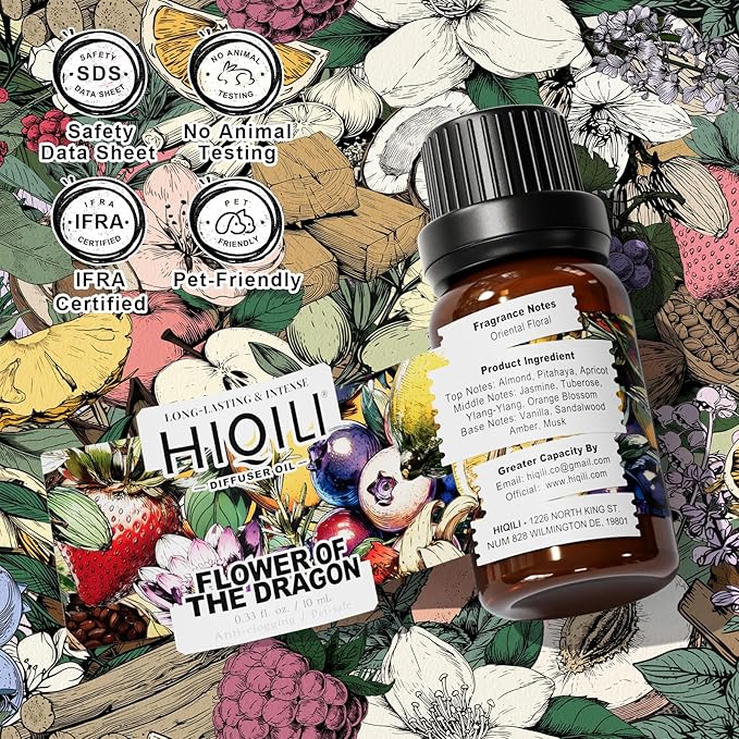 HIQILI Flower of The Dragon Diffuser Oil, Long-Lasting Refill for Humidifiers & Reed Diffusers, Hotel-Grade Scent, Suitable for Home Use - 0.34 Fl Oz