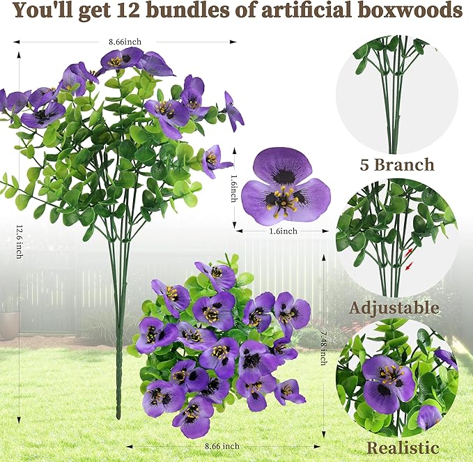 12 Bundles Artificial Fake Pansy Flowers for Outdoor - Yellow, White & Purple Faux Pansies Flowers, Fake Flowers for Outdoor Planters, Porch, Garden, Window Boxes, and Home Decoration