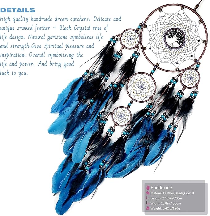 Large Dream Catchers, Boho Handmade Woven Blue and Black Dream Catcher Wall Hanging Ornament for Bedroom Living Room Adults Wedding Party Decor, Festival Blessing Gift (Blue & Black)