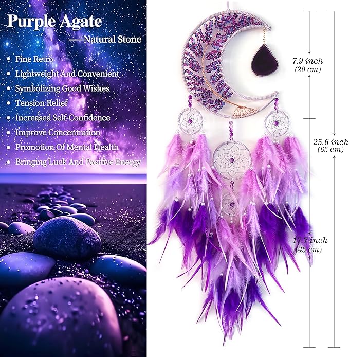 Dream Catchers,Dream Catchers for Adults,Purple Dream Catcher,Dream Catcher for Girls,Purple Crystal Tree Life,Chakra Gemstone Agate Stone,Home Ornaments Craft Gift