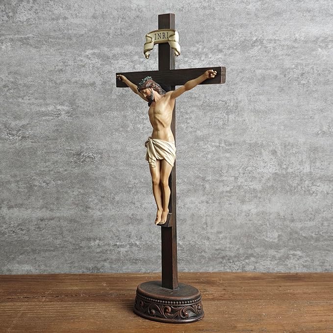 BC Catholic Crucifix Standing Cross, Jesus Christ tabletop Home Decor, Religious Gift, Wood Carve Looking, Realistic Finish, 10.9" H Hand Painted by Buildclassic