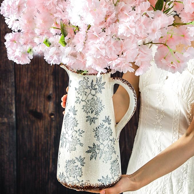 Enra Blue and White vase with Handle,12.2 inch Ceramic Vintage Decorative Flower Pitcher vase, Large Rustic Vases for Home Decors, Living Room, Bookshelf, Office