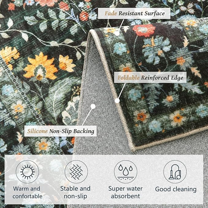 Vintage Botanical Dark Green Area Rug 9x12 Elegant Floral Pattern, Durable Stain-Resistant Fabric, Perfect for Living Room, Bedroom, Dining Room Decor