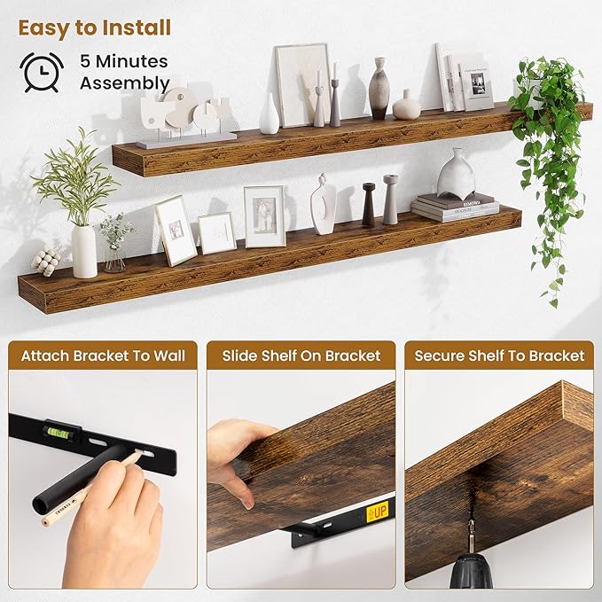 Fun Memories 55 Inch Floating Shelves Bedroom, Large Extra Floating Shelf Set of 2 with Invisible Brackets, Rustic Brown