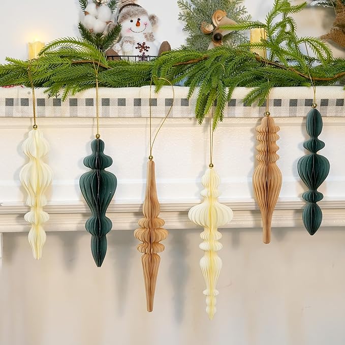 6Pcs Neutral Finial Christmas Ornaments for Tree, 3D Paper Honeycomb Hanging Decorations Vintage Christmas Honeycomb Ornaments Lanterns for Xmas Tree Winter New Year Holiday Party Home Decor
