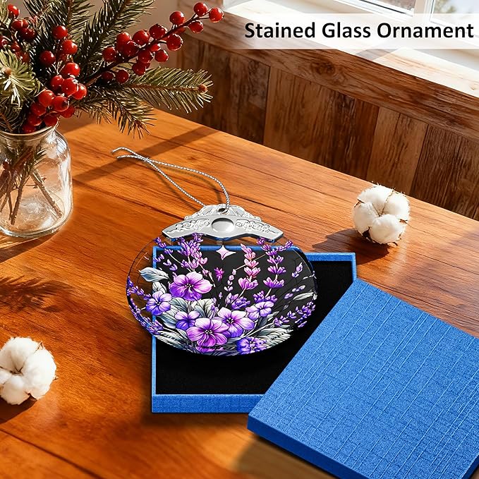 Stained Glass Ornament, Purple Bauhinia and Violets Ornaments, Unique Crystal Ornaments, Hanging Holiday Presents Idea, Car Hanging Ornaments, Car Charm, Mirror Accessories