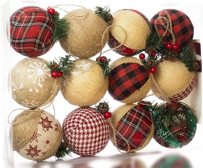 Burlap Christmas Hanging Ornaments, Farmhouse Rustic Christma Decorations, Natural Jute Ball Ornaments for Xmas Holiday Party Home Decor 12Pcs