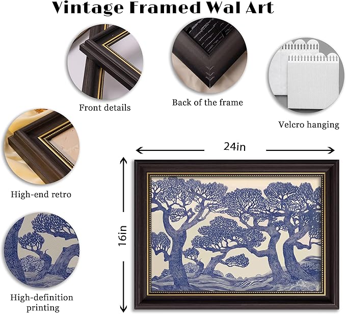 Vintage Gold Framed Wall Art Oak Tree Forest Painting Canvas Prints Blue Woodland Nature Landscape Picture Moody Botanical Poster Artwork for Living Room Bedroom, 16x24in