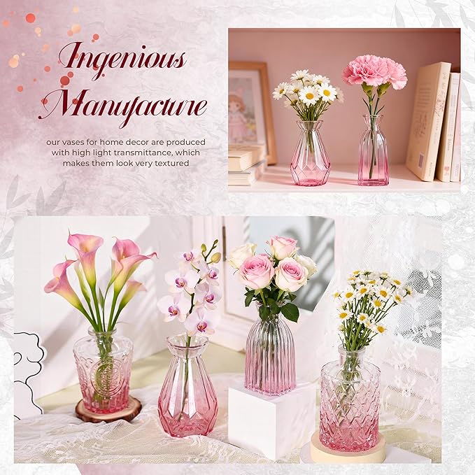 Der Rose Pink Vases Set of 12, Small Bud Vases for Flowers, Rustic Wedding Centerpieces and Home Decor