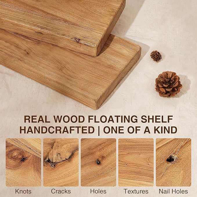 Dreamland Solid Elm Wood Floating Shelves, 18" W x 8" D Floating Shelf Wall Mounted, 8 Inch Deep Wall Shelves - Wooden Bathroom Shelf, Deep Bookshelf for Living Room, Kitchen Wall Shelf, Set of 2