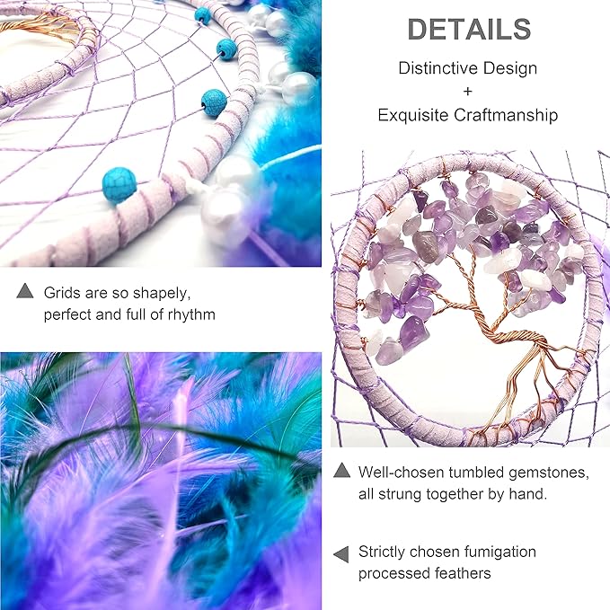 Dream Catchers, Purple Green Dream Catcher Tree of Life Wall Decor, with Natural Healing Crystal Stone, Perfect Handmade Dreamlike Crystal Dream Catcher for Bedroom Art Craft Gift