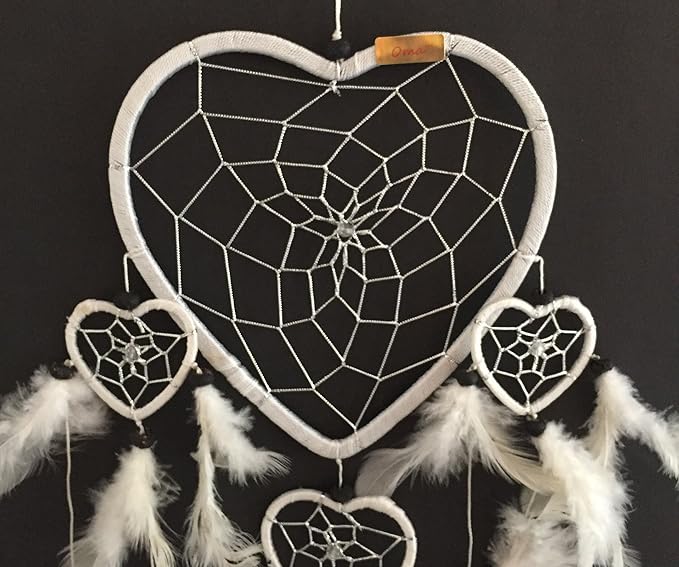 OMA Dream Catcher - Hand Made White Feather Dream Catcher Heart Shaped with Crystal Beads - 7" Diameter & 24" Long - OMA Federal (TM) Brand