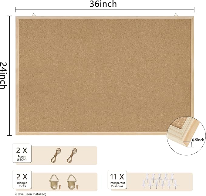DAHAPYBOO Cork Board Bulletin Board,36x24 Cork Board for Office with Pin Oak Wood Boards,Message Board or Vision Board Decoration.