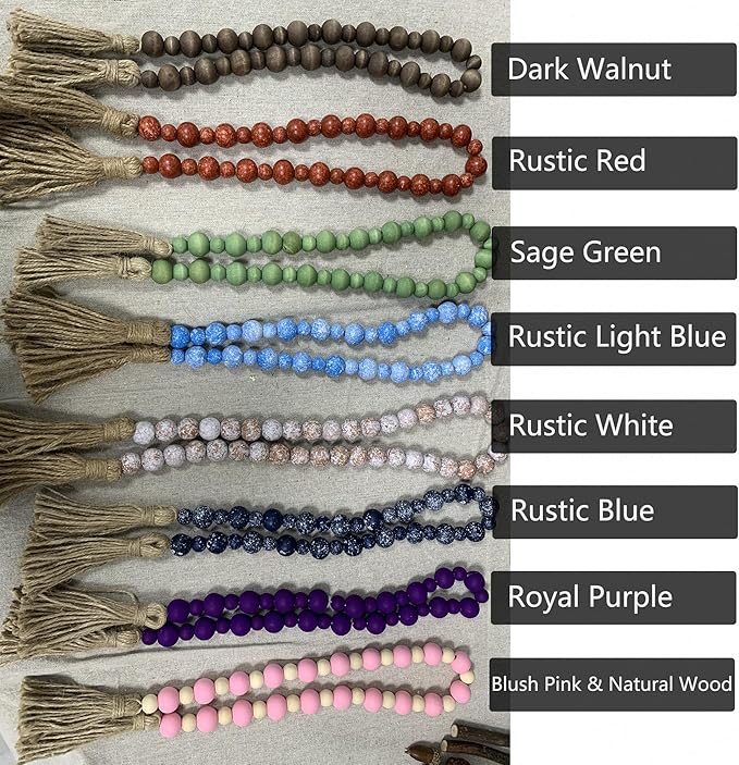 Handcrafted Farmhouse Wooden Decorative Beads Garland, Table Tray Boho Wood Beads with Tassel, Small Rustic Antique Decor for Home and Events (Dark Walnut)