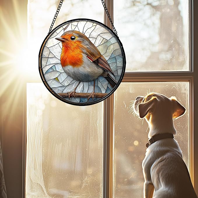 Stained Glass Window Hanging - Orange Grey Robin Sun Catcher for Door Garden Home Decor Bird Lovers Suncatcher Christmas Mother's Day Birthday Gifts for Women Men Mom Nana 7.8 in