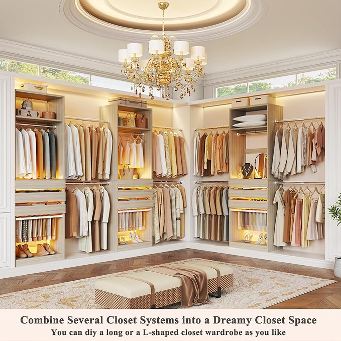 Closet System, 4-8FT Closet Organizer with 3 Wood Drawers & Glass Top, 102'' Walk in Closet with 5 Hang Rods & LED Lights & Trouser Rack, Built-in Wardrobe Clothes Rack with Shelves & Tower,White Oak