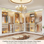 Closet System Set of 2, 5.7-10.4FT Closet Organizer System with 6 Wood Drawers & LED Glasstop, Wood Walk-in Closet with 10 Hanging Rods & 2 Trouser Rack, Built-in Garment Rack with Shelves, White Oak