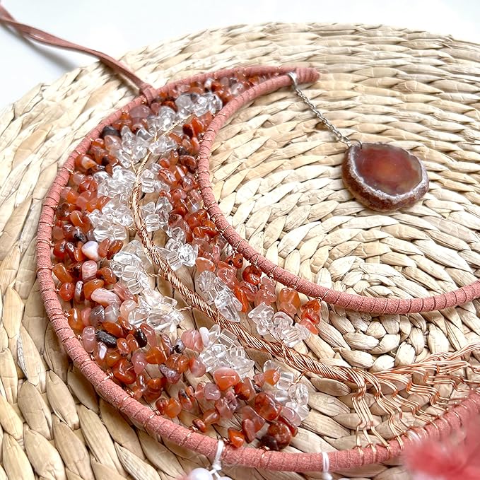 Moon Dream Catchers with Chakra Gemstone Agate Stone, Crystal Tree Life Dream Catchers Wall Hangings Room Decor (Red)