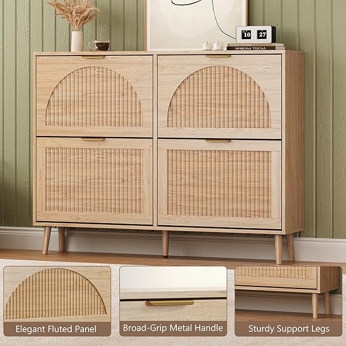 Shoe Cabinet for Entryway with 4 Flip Drawers, Slim Wooden Shoe Storage Organizer with Modern Fluted Pannel，Freestanding Narrow Hidden Shoe Rack for Hallway, Foyer, Living Room