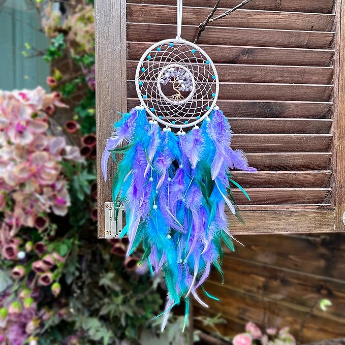 Dream Catchers, Purple Green Dream Catcher Tree of Life Wall Decor, with Natural Healing Crystal Stone, Perfect Handmade Dreamlike Crystal Dream Catcher for Bedroom Art Craft Gift