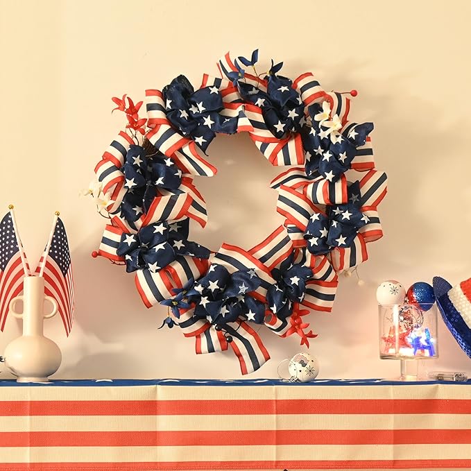 DecorbyHannah Patriotic Wreath for Front Door, 24 inch Large 4th of July Wreaths with Lights, Collapsible Red White Blue Burlap Bow Farmhouse Wreath Decorations for USA 250th Holiday