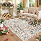 Moynesa Floral Washable Rugs, 8x10 Area Rug for Living Room, Soft Large Boho Bedroom Rugs, Flower Non Slip Ultra Thin Botanical Carpet for Dining Room Nursery Office, Beige
