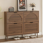 Shoe Cabinet for Entryway with 4 Flip Drawers, Slim Wooden Shoe Storage Organizer with Modern Fluted Pannel，Freestanding Narrow Hidden Shoe Rack for Hallway, Foyer, Living Room