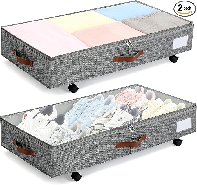 Under Bed Storage with Wheels Set of 2 Packs, Large Underbed Storage Containers with Clear Lid, Rolling Under Bed Shoe Organizer, Wheeled Under Bed Drawers for Blankets, Clothes, Shoe, Bedding Grey