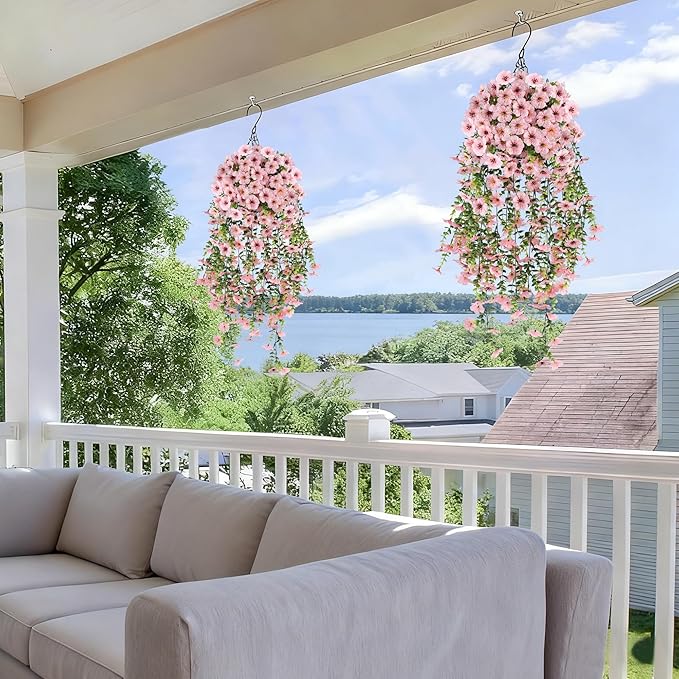 Artificial Hanging Flowers for Outdoors, UV Resistant 2PCS Fake Silk Flowers for Outside, Realistic Faux Plants for Hanging Baskets, Planters - Porch, Patio, Yard Décor (Pink)