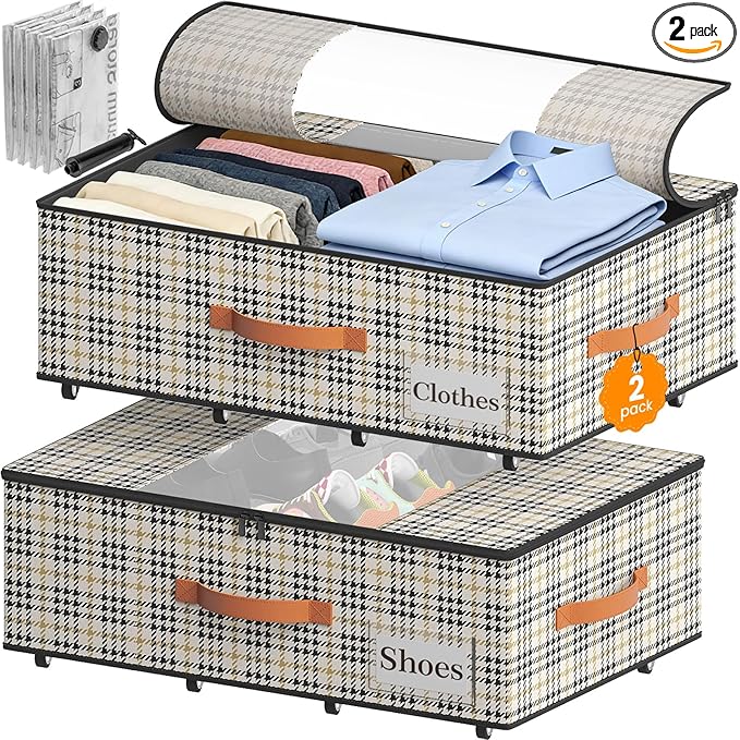 2-Pack Under Bed Storage Bins with Wheels and 4 Vacuum Seal Bags, Heavy Duty 80lbs Capacity,7.9" Height Clear Lid Organizer for Dorm Bedroom Clothes Shoes Toys,Quick Assembly Space Saver Houndstooth