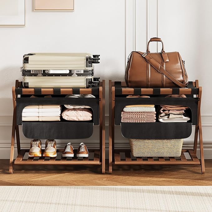 Full Assembled 26.77" L Luggage Rack for Guest Room, Set of 2 Foldable Suitcase Stand with 5 Nylon Straps & Cloth Bag, Luggage Stand Holder with Shoe Shelf for Suitcases Hotel (Walnut Bamboo)