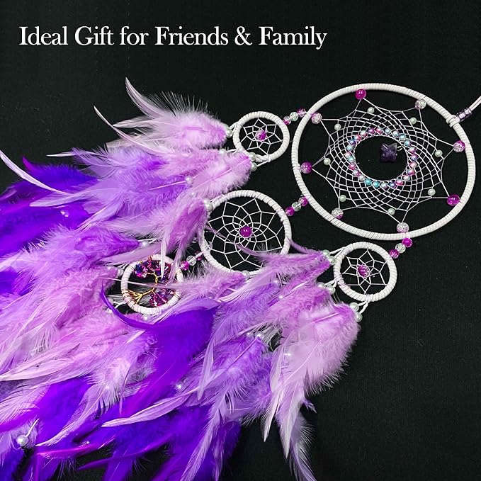 Dream Catchers,Large Dream Catcher Tree of Life Wall Decor,Adult Purple Boho Dream Catcher Wall Decor with Gemstone Hanging Ornament Girls Dorm Room Decor Festival Gift