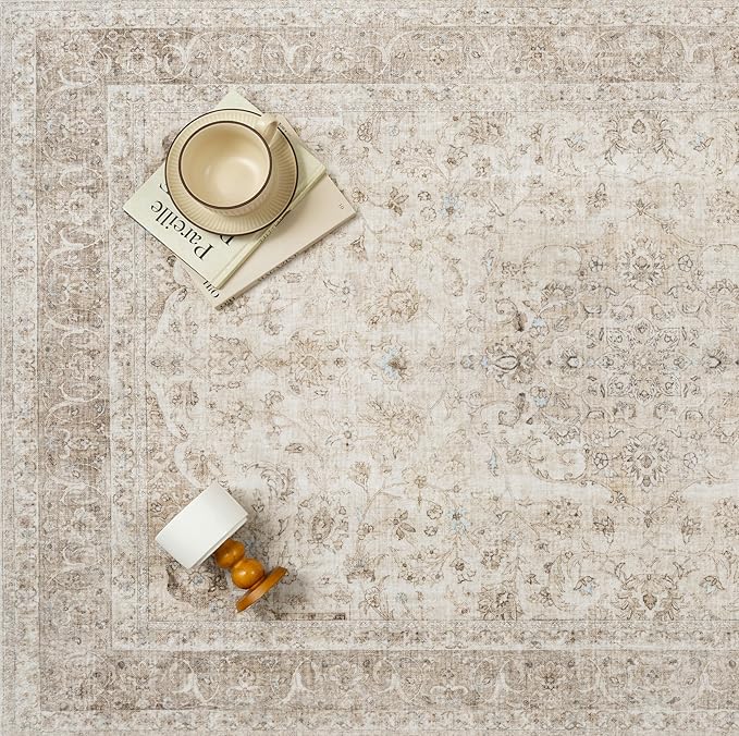 Beige 2x6 Runner Rug Washable Hallway Vintage Carpet Low Pile Non Slip Distressed Soft Traditional Retro Oriental Long Accent Throw Rug for Kitchen Bedroom Laundry Bathroom Dining Room