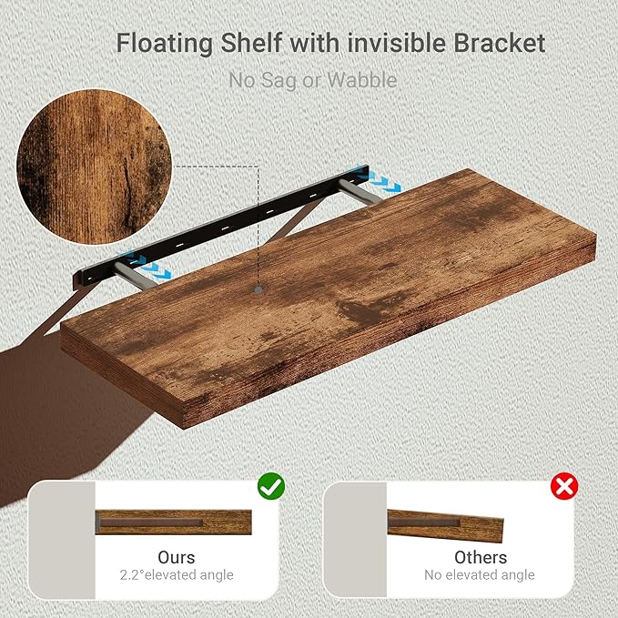 Vivelove Floating Shelves for Wall, 24 inch Wall Shelves for Bathroom Bedroom, Living Room, Kitchen, Office, Rustic Farmhouse Shelf Decor with Invisible Bracket, 24x9x1.6, Set of 2, Rustic Brown