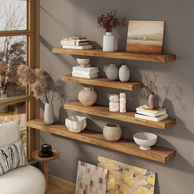 Marsmiles 48 inch Floating Shelves for Wall Solid Elm Wood Wall Mounted Shelves|Rustic Long Floating Shelves with Invisible Bracket for Bathroom Living Room Kitchen|Natural, 1 Pack